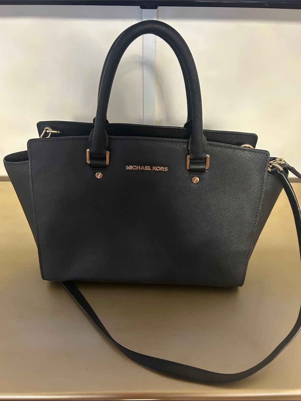 Michael Kors Black Saffiano Satchel with Gold Accents
